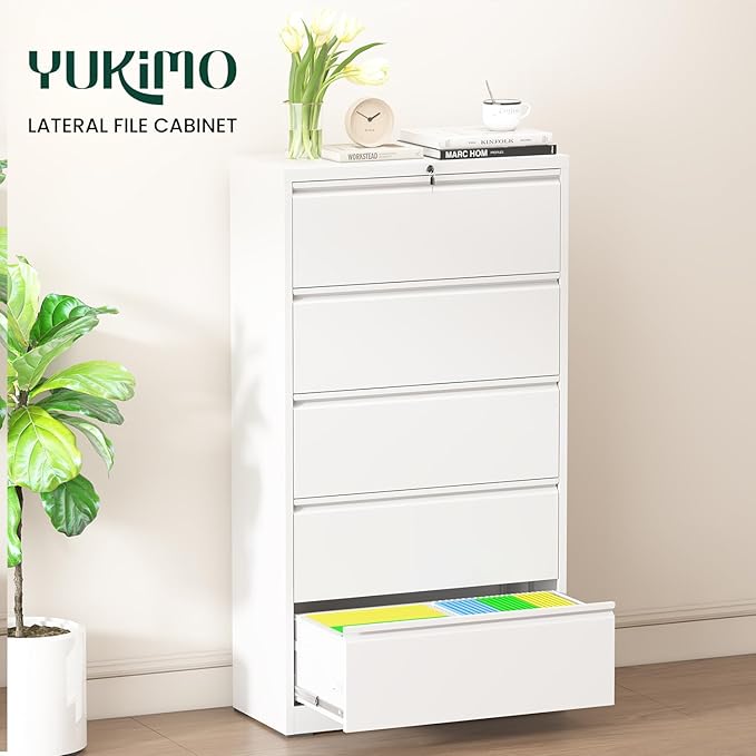 5 Drawer Lateral File Cabinet with Lock, File Cabinets for Home Office Legal/Letter A4 Size, File Cabinet Storage Cabinet, Require Assembly, White
