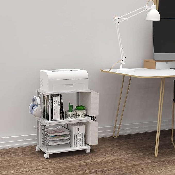 VEDECASA 2 Tier Modern White Wooden Under Desk Printer Stand with Storage Bag for Home Office Desktop Printer Table Organizer Mobile Printer Shelf Cart with Caster Wheel (White)