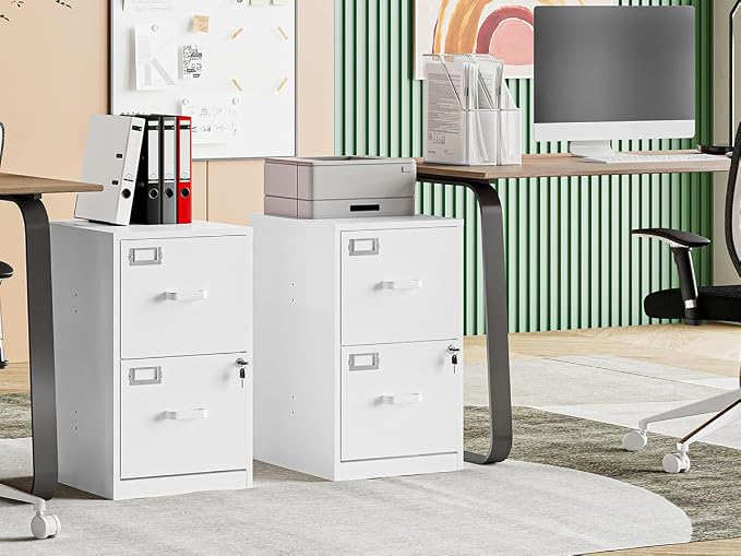 MIIIKO 2 Drawer Filing Cabinet with Lock, Metal Vertical File Cabinets for Home Office, Lockable File Storage Cabinets Under Desk, Letter/A4 File Folders Storage（White-Assembly Required