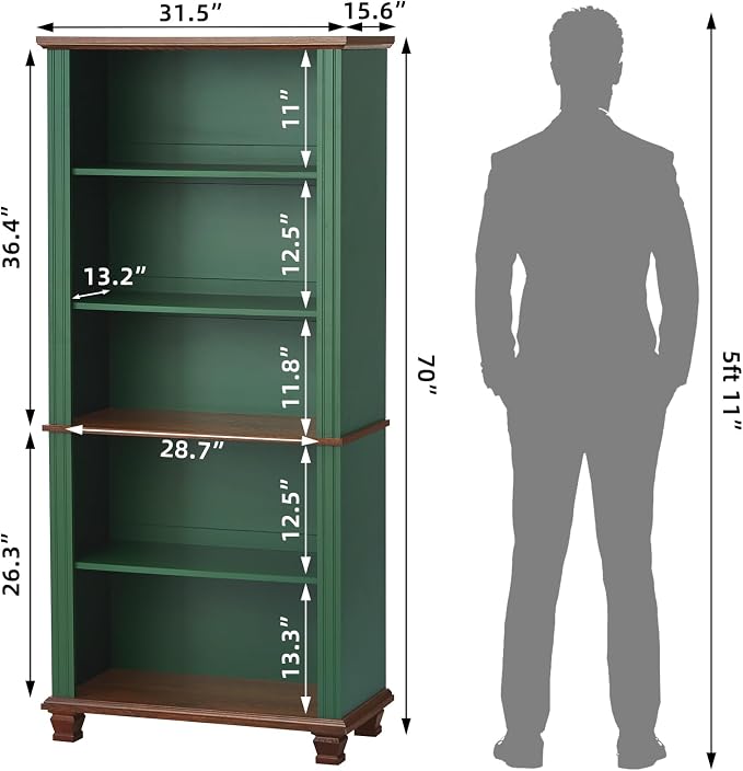 SAVOR LIFE 70" Tall Green Bookshelf,5 Tier Wooden Book Shelf with Adjustable Shelves & Wood Legs,Free Standing Farmhouse Bookcase with Open Display Storage,Vintage Bookshelves for Library, 3PCS