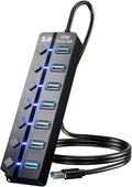 USB 3.0 Hub, PANPEO 7-Port USB Data Hub Splitter with 3ft Long Cable USB Extension for Laptop,PC Computer,Surface Pro, PS4/5, Flash Drive, Mobile HDD - with LED Individual On/Off