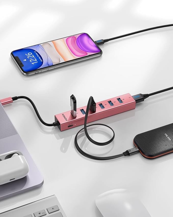FORIDA USB C Hub-8 Port USB HUB with 7 USB3.0 Data Ports,Aluminum Alloy USBC Splitter with Type C 5V/3A Power Port Compatible with MacBook,iPad,Surface Pro,Laptop,PC (Rose Gold,USB C-9.8in)