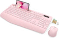 Wireless Keyboard and Mouse, Wrist Rest, Phone Holder, Batteries Included, 2.4G Lag-Free Ergonomic Keyboards Mouse Combo, KM23D Silent Keyboards Set for Computer, Laptop, PC, Windows, Pink -SABLUTE