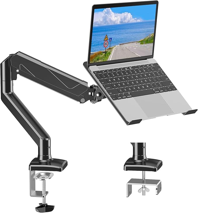 MOUNTUP Laptop Stand for Desk, Adjustable Aluminum Laptops Arm Mount for 14-17 Inch Notebook & 32" Monitor, Laptops Arm for Desk Support for 2.2-19.8lbs, 2-in-1 Laptop Desk Mount with Clamp/Grommet
