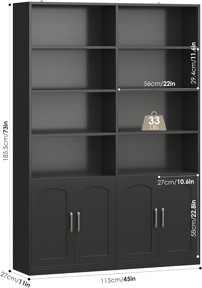 FACBOTALL Bookshelf and Bookcase with Doors, 6 Tier Double Wide Large Bookshelves, Open Display Shelves, 73'' Tall Bookshelf with Storage Cabinets for Home Office, Living Room, Library, Black