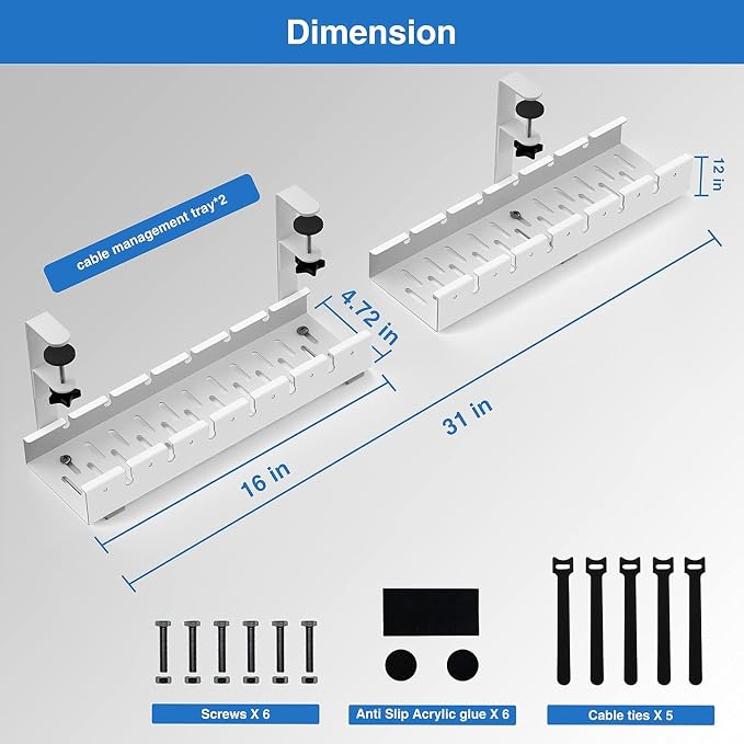 No Drilling Extendable Under Desk Cable Management, Metal Cable Management Tray Under Desk with Clamp, Retractable Power Strip Cord Holder for Wire Management 31Inch (1 Pack White)