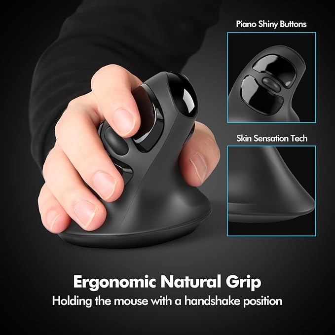 MicroPack Ergonomic Mouse, Vertical Wireless Mouse with USB A & Type-C Receiver, Ergo Design Reduces Muscle Strain, 6 Buttons 800/1200/1600 DPI Mouse for Windows, Mac, PC, Laptop, Black