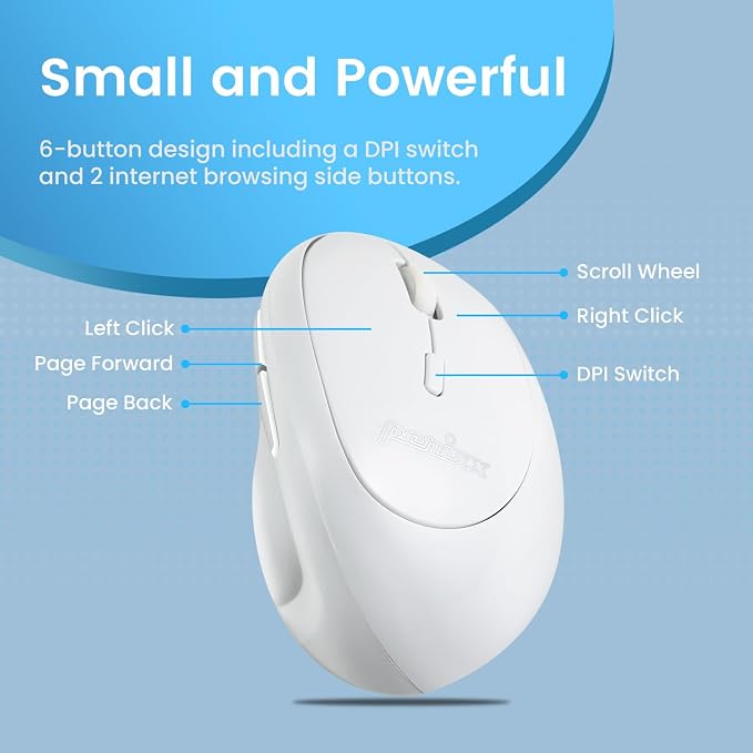 Perixx PERIMICE-719W Wireless Portable Vertical Mouse - Silent Clicks - Right-Handed Design - White