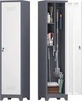 IRONFFICE Storage Cabinet,Slim Broom Closet Storage Cabinets with Lockable Doors,Narrow Utility Cabinets with Hanging Rod,Tall Broom Closet for Laundry,Home Office,Grey-White