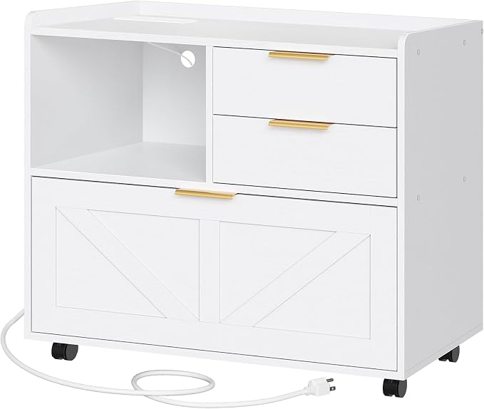 HOOBRO Lateral File Cabinet, Wooden Office Storage Drawers with Charging Station, Filing Cabinet for Home Office, A4/Letter/Legal-Sized Files, Printer Stand with Open Storage Spaces, White WT37UWJ01