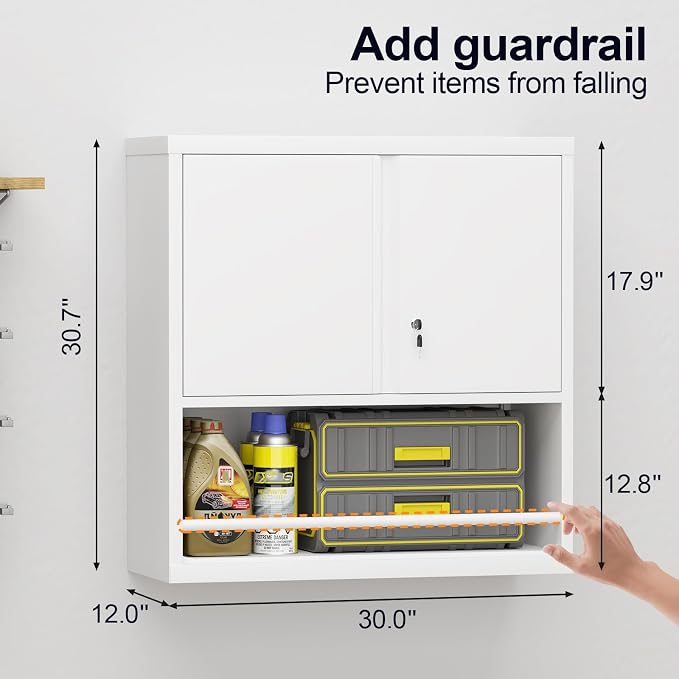 GREATMEET 31" H Locking Metal Garage Storage Cabinet with Doors and Shelves, Lockable Wall Cabinet Storage, White Steel Wall Mount Cabinet Hanging Floating for Office Utility Room
