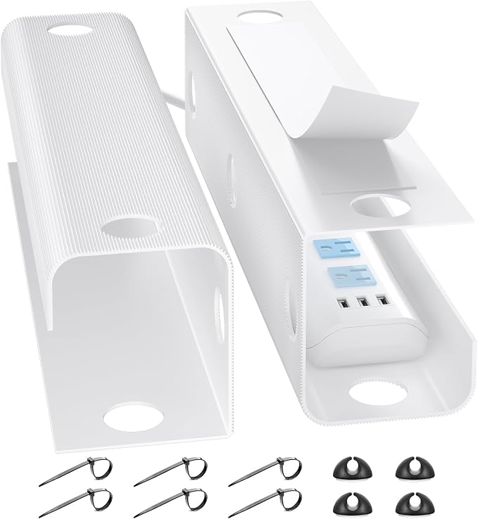 YECAYE Large Under Desk Cable Management,Easy Install Cable Management Under Desk with 4 Cord Holders & 6 Ties,Child & Pet-Safe Cord Hider,Wire Organizer,Wire Cover Tray,White