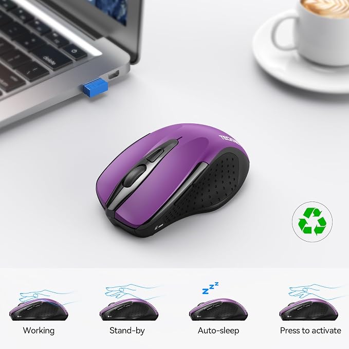 TECKNET Wireless Mouse (2.4G & BT5.0/3.0) Silent 4800 DPI Computer USB A & Bluetooth Mouse 6 Buttons, Wide Compatibility - Purple