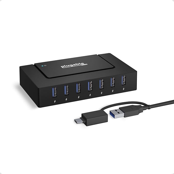 Plugable 7-in-1 USB Powered Hub for Laptops with USB-C or USB 3.0 - Power Station for Multiple Devices and Data Transfer with a 60W Power Adapter, Driverless