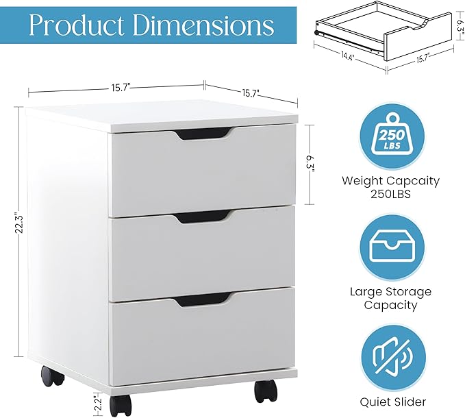 Farini 3-Drawer Under Desk Wooden File Storage Cabinet with Lockable Caster for Home Office,White,Fully Assembly
