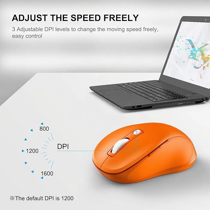 WisFox 2.4G Wireless Mouse for Laptop, Ergonomic Computer Mouse with USB Receiver and Type-C Adapter, 3 Adjustable Levels DPI, 6 Button Cordless Wireless Mice (Orange)