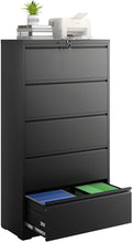 5 Drawer File Cabinet with Lock, Lateral Filing Cabinets, Metal Storage Filing Cabinets for Home Office, Heavy Duty File Cabinet for Letter/Legal/A4/F4 Size Assembly Required, Black
