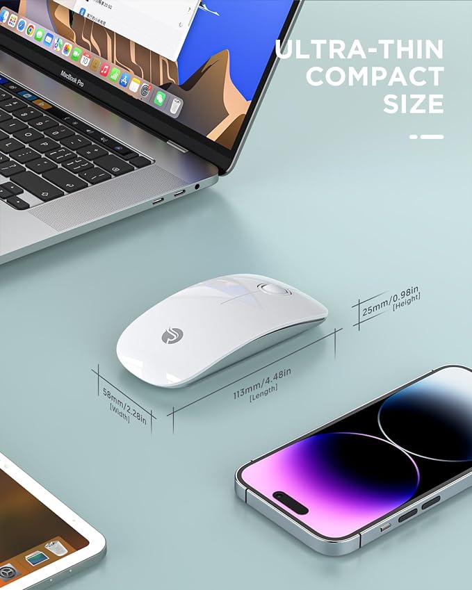 RAPIQUE Bluetooth Wireless Mouse - (BT5.1+USB) Slim Dual Mode Computer Mice with Quiet Click, Low Power, and 1600 DPI, Portable Cordless for MacBook, Laptop, iPad Pro/Air, Chromebook (White)