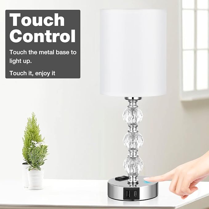 Touch Bedside Crystal Lamps for Bedrooms Nightstand with USB C+A Charging Port and AC Outlet White, 3 Way Dimmable Silver Small End Side Table Lamp for Living/Guest/Dinning Room/Kitchen