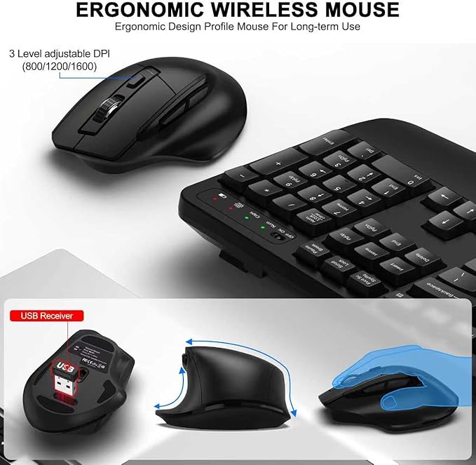 Wireless Keyboard and Mouse Combo, 2.4G Full Size Wave Keys Ergonomic Keyboard with Wrist Rest and 3-Level DPI Adjustable Wireless Ergonomic Mouse for Windows, Mac OS Desktop/Laptop/PC(Black)