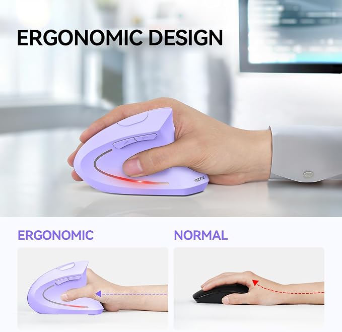 TECKNET Ergonomic Mouse, Wireless Bluetooth Vertical Mouse, 4800 DPI Optical Tracking, 6 Adjustable DPI, Quiet Clicks, 2.4GHz with USB A Receiver, 12 Months Battery, 6 Buttons, Wide Compatibility