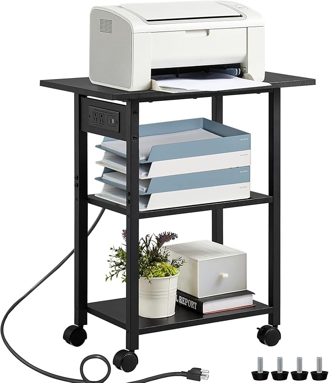 Lerliuo 3-Tier Printer Stand with Charging Station, Industrial Mobile Printer Table with Storage Shelf and Steel Frame, Rolling Printer Cart Holder with Lockable Wheels for Home, Office (Black)