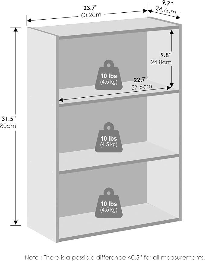Furinno Simple Book Shelf, 3-Tier Bookshelf, Storage Shelves Bookcase, 9.7 x 23.7 x 31.5, for Living Room, Bedroom, Home Office, Amber Pine