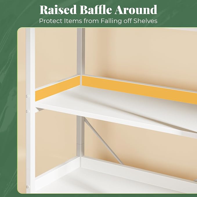 Huuger 5 Tier Bookshelf, Display Bookshelf with 10 Open Shelves and Raised Baffle, 47.2 Inch Straight Wide Bookcase with Metal Frame and Wooden Board, Adjustable Feet, White