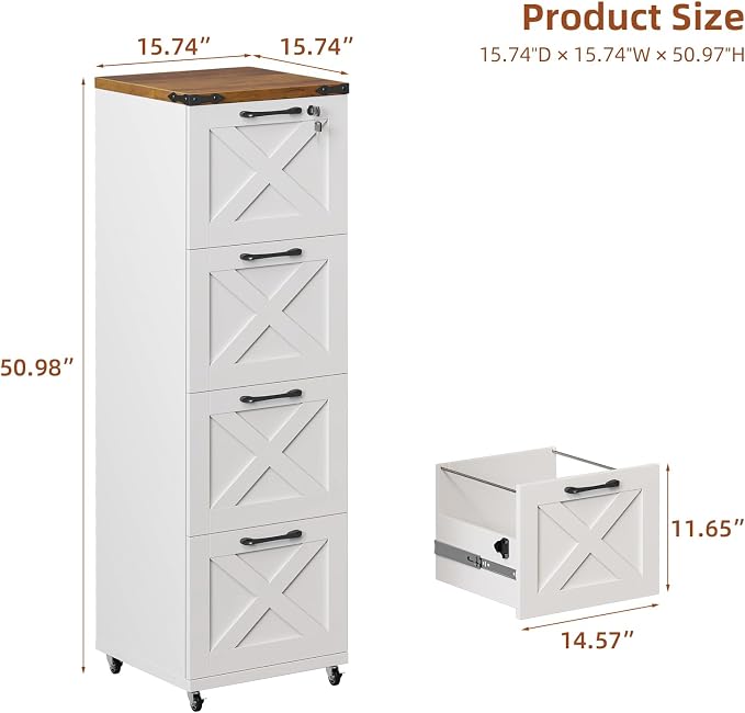 Halitaa Vertical Farmhouse Locking Rolling File Cabinet, Office Filing Cabinet with 4 Drawers & Wheels for Hanging Files Letter/A4，Printer Stand for Home Office