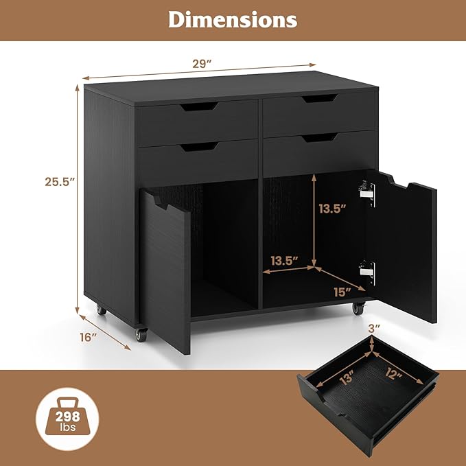 Giantex 4-Drawer File Cabinet, Rolling Printer Stand with 2 Lockable Wheels, Wooden Lateral Filing Cabinet, Load 298 Lbs, Under Desk Craft Storage Organizer for Home Office Organization (Black)