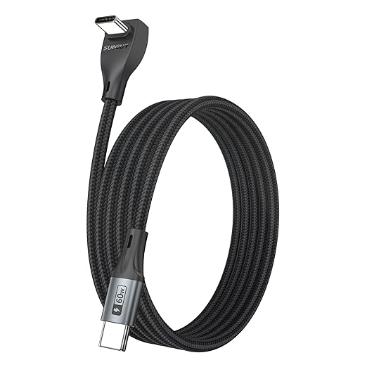 USB C Cable Right Angle - [1Pack 6.6FT] 60W Fast Charging USB C Cable Braided USB Type C Data Cable, 90 Degree C Port Charger Cord for iPhone 17/16/15 Pro Max, Tesla Model Y, MacBook, iPad, Samsung