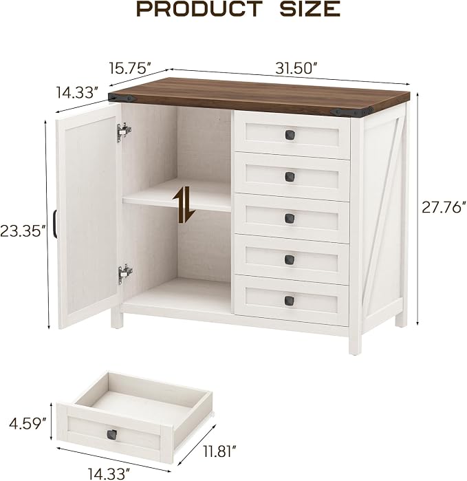 Halitaa Lateral File Cabinet with 5 Drawers, Farmhouse File Cabinet with Door and Adjustable Shelf, Large Wood File Storage Cabinets Printer Stand for Home Office Furniture, Rustic White and Brown