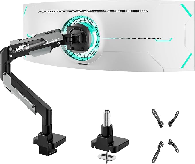 ARES WING Heavy Duty Single Monitor Arm - Gas Spring Aluminum Monitor Mount for 24"-57" Ultrawide Screens up to 66 lbs with Clamp/Grommet Desk Mount, 75/100/200 Vesa Mount, Black