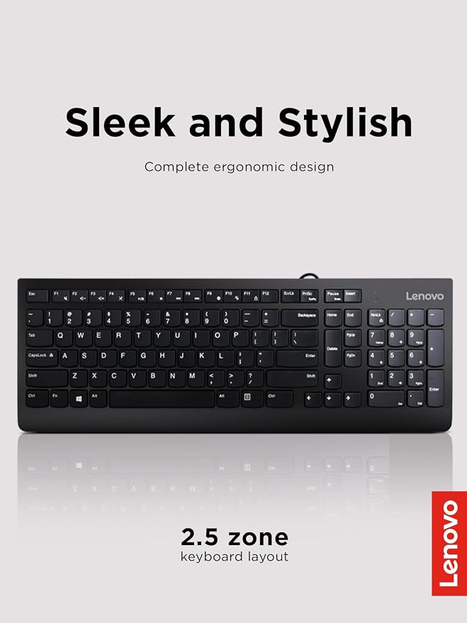 Lenovo 300 USB Keyboard, Wired, Adjustable Tilt, Ergonomic, Windows 7/8/10, GX30M39655, Black