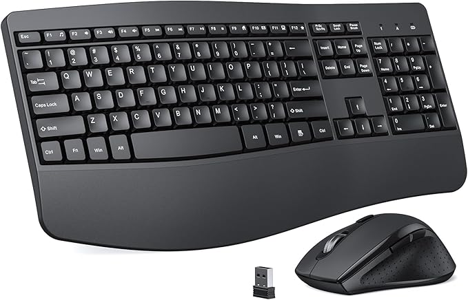 Ergonomic Keyboard and Mouse Combo, Full Size Cordless Computer Keyboard with Palm Wrist Rest Ergonomic Mouse for Windows Computers Laptops - Black
