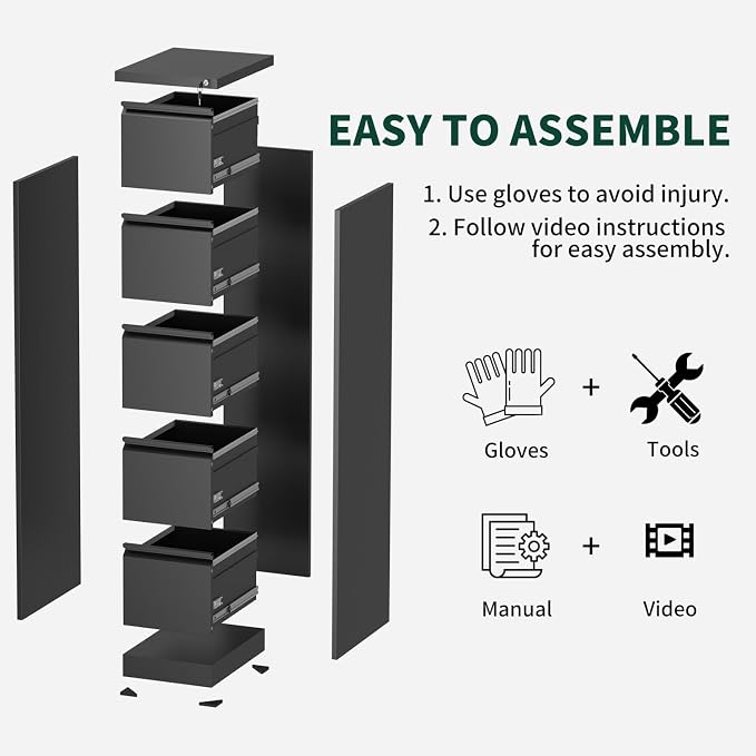 4 Drawer File Cabinet with Lock, Vertical Filing Cabinets for Home Office, Locking File Cabinet Hanging Files for A4/ Legal/Letter, Require Assembly, Black