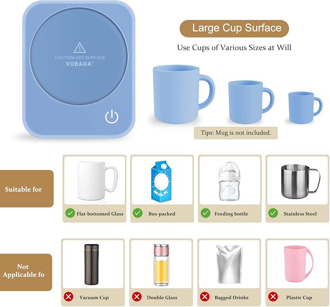 VOBAGA Coffee Mug Warmer for Desk with Auto Shut Off & 3-Temp Settings, Coffee Cup Warmer with Smart Safety Alert Home Office Accessory, Perfect for Coffee, Tea, Milk (No Mug)