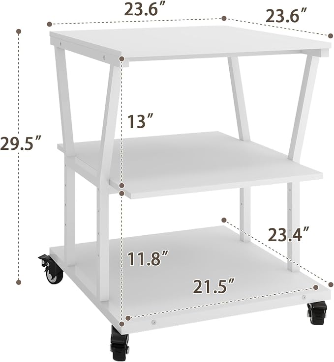 Natwind 3-Tier Large Printer Stand,23.6"x23.6"x29.5" Heavy-Duty Printer Table Cart with Paper Storage Shelf & Wheels,Ideal for Home Office Laser Printers, Copiers (White)