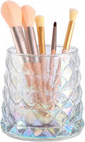 DASITON Glass Makeup Brush Holder Organizer, Diamond Pattern Cosmetic Storage Cup, Makeup Organizer for Vanity, Bathroom Countertop Toothbrush Holder, Desk Pen Pencil Holder (Iridescent)