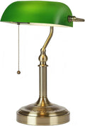 Green Glass Bankers Desk Lamp with Pull Chain Switch Plug in | Fixture for Home Office