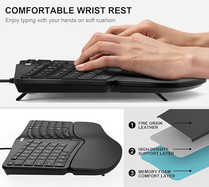 Arteck Ergonomic USB Wired Keyboard with Cushioned Wrist & Palm Rest, Backlit 7 Colors & Adjustable Brightness Comfortable Natural Split Keyboard with 6 Feet Wire for Windows Computer Desktop Laptop