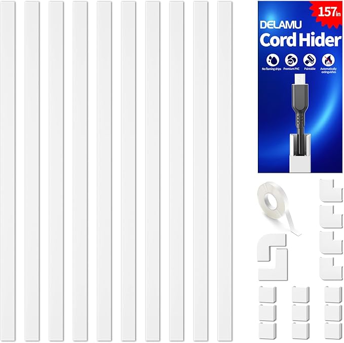 Delamu 157in Cord Covers for Wires on Wall, Cord Hider for 1 Cord, Paintable Cable Hider, Cable Management Wire Covers for Cords, W0.55 H0.4in, White