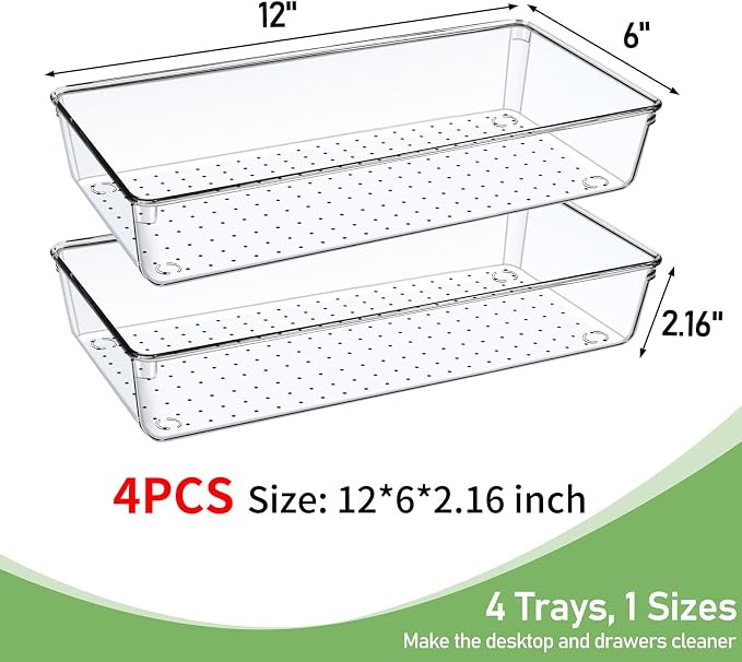 4PCS Clear Plastic Drawer Organizer Tray, 12'' Large Acrylic Vanity Bathroom Drawer Organizers Trays, Desk Drawer Organizer Bins for Cosmetics, Makeup, Kitchen, Office, Junk Drawer Organization