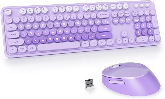 GTSP Colorful Purple Wireless Keyboard and Mouse Combo, Retro Typewriter Wireless Full-Size Cute Office Keyboard 2.4GHz with Round Keycaps for Desktop Laptop and PC (Cute Purple)