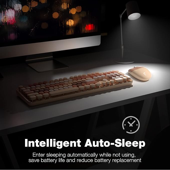 Wireless Keyboard and Mouse Combo, MOWUX Colorful Computer Full Size 2.4G Plug and Play Wireless Typewriter Keyboard and Mouse Set for Windows, Computer, Desktop, PC, Notebook (Milk Tea Colorful)