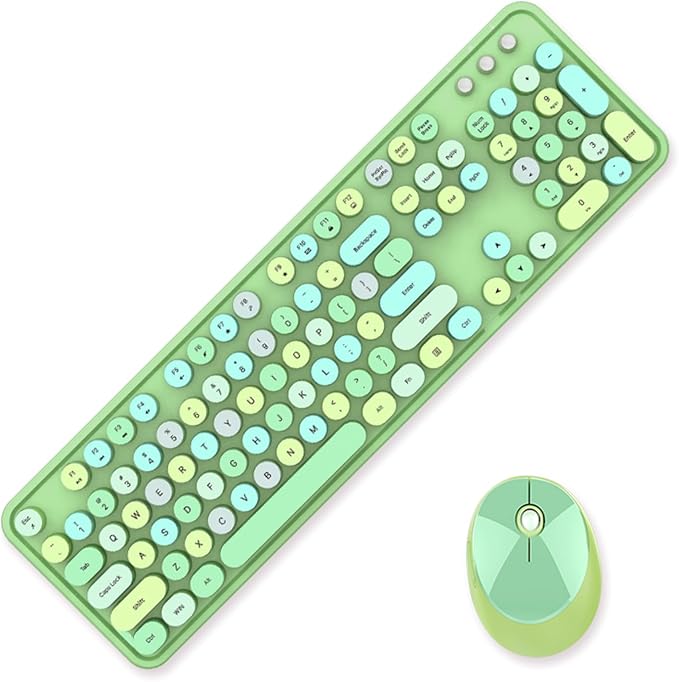 Guffercty kred Green Colorful Wireless Keyboard Mouse, Cute Retro Typewriter Round Keycaps 2.4GHz Dropout-Free Connection for Laptop/PC (Multicolor Green)