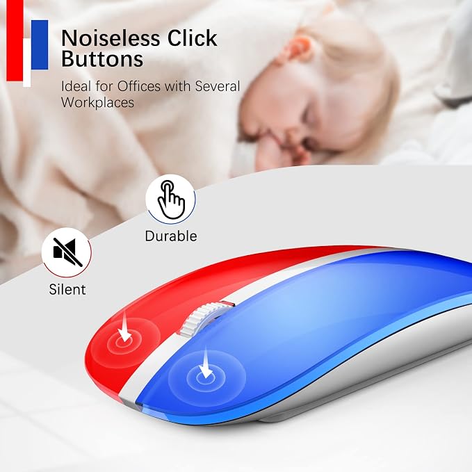 JOYACCESS Rechargeable Wireless Mouse, 2.4G Portable Slim Silent Mouse with USB Receiver and Type C Adapter, 5 Level 3000 DPI, Works with Mac or iPad (Blue & Red)