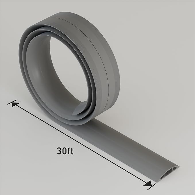 D-Line 30ft Floor Cord Cover, Floor Cable Protector, Extension Cord Cover, Protect Wires & Prevent Cable Trips, Cable Management Solution - Cord Cavity = 0.63" (W) x 0.31" (H) - Gray