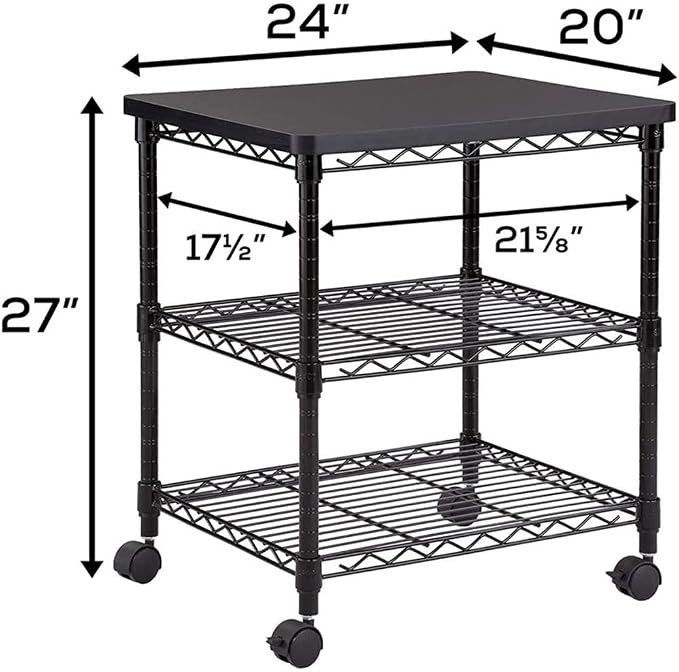 Safco Deskside 3 Tier Rolling Cart Printer Stand, Mobile Utility Table for Home Office with Steel Shelves, Black