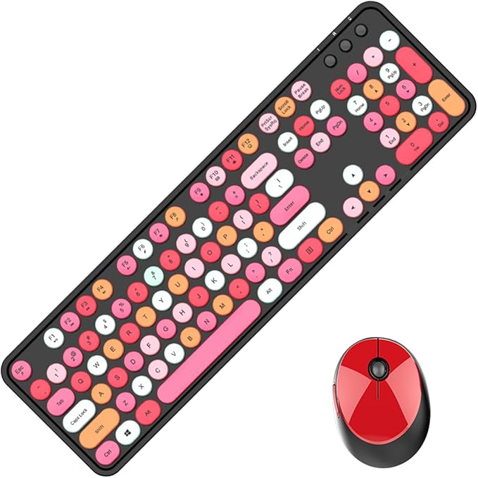 GTSP Colorful Wireless Keyboard and Mouse Combo, Cute Keyboard Retro Typewriter with Round Keycaps for Computer Laptop Desktops PC Mac 2.4GHz Dropout-Free Connection (Multicolor Black)